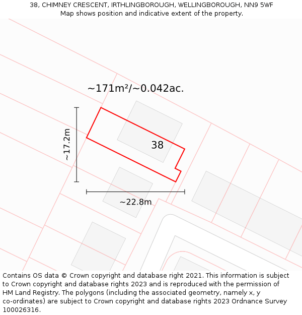 38, CHIMNEY CRESCENT, IRTHLINGBOROUGH, WELLINGBOROUGH, NN9 5WF: Plot and title map