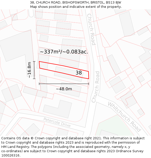 38, CHURCH ROAD, BISHOPSWORTH, BRISTOL, BS13 8JW: Plot and title map