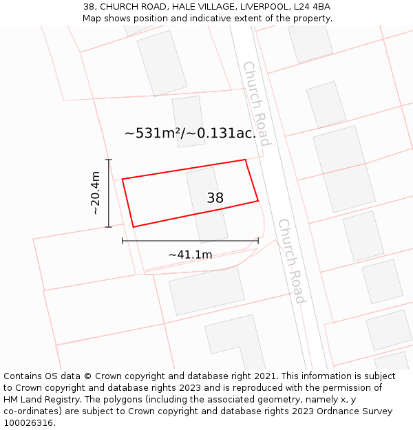 38, CHURCH ROAD, HALE VILLAGE, LIVERPOOL, L24 4BA: Plot and title map