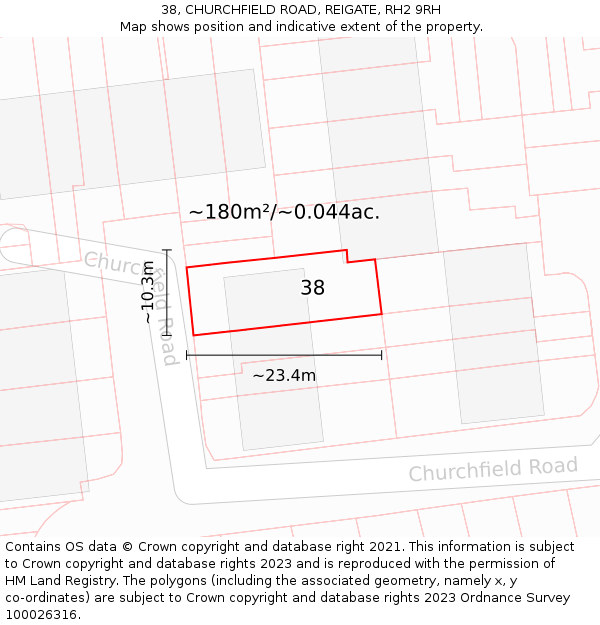 38, CHURCHFIELD ROAD, REIGATE, RH2 9RH: Plot and title map