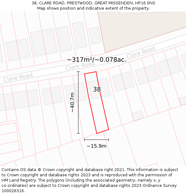 38, CLARE ROAD, PRESTWOOD, GREAT MISSENDEN, HP16 0NS: Plot and title map