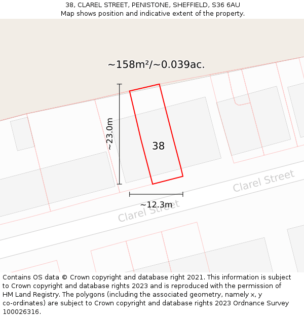 38, CLAREL STREET, PENISTONE, SHEFFIELD, S36 6AU: Plot and title map