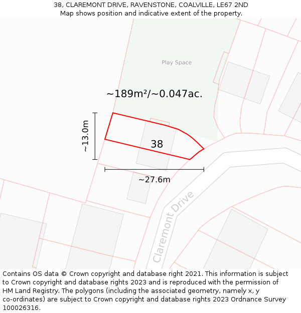 38, CLAREMONT DRIVE, RAVENSTONE, COALVILLE, LE67 2ND: Plot and title map