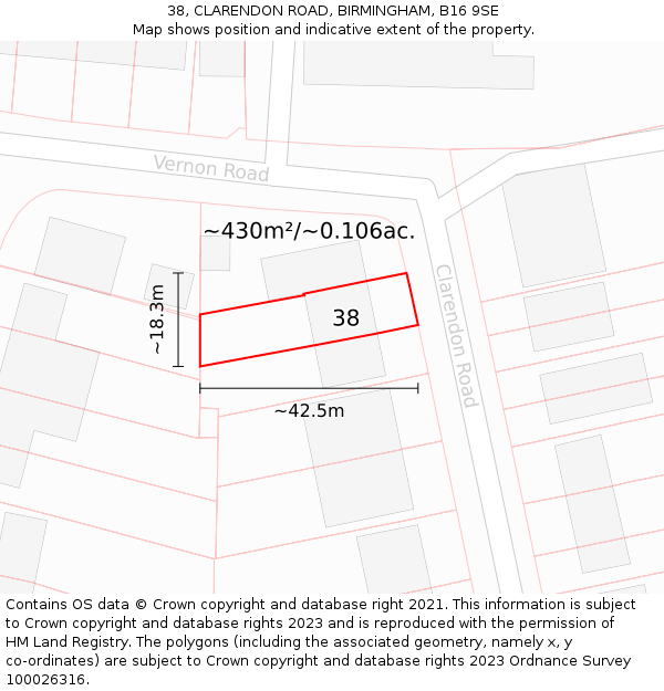 38, CLARENDON ROAD, BIRMINGHAM, B16 9SE: Plot and title map