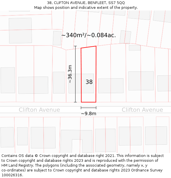 38, CLIFTON AVENUE, BENFLEET, SS7 5QQ: Plot and title map