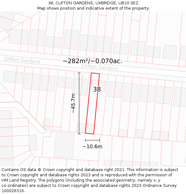 38, CLIFTON GARDENS, UXBRIDGE, UB10 0EZ: Plot and title map