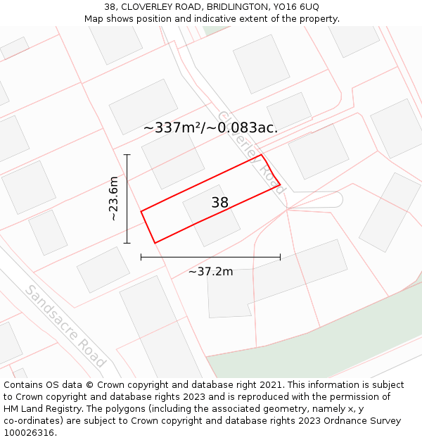 38, CLOVERLEY ROAD, BRIDLINGTON, YO16 6UQ: Plot and title map