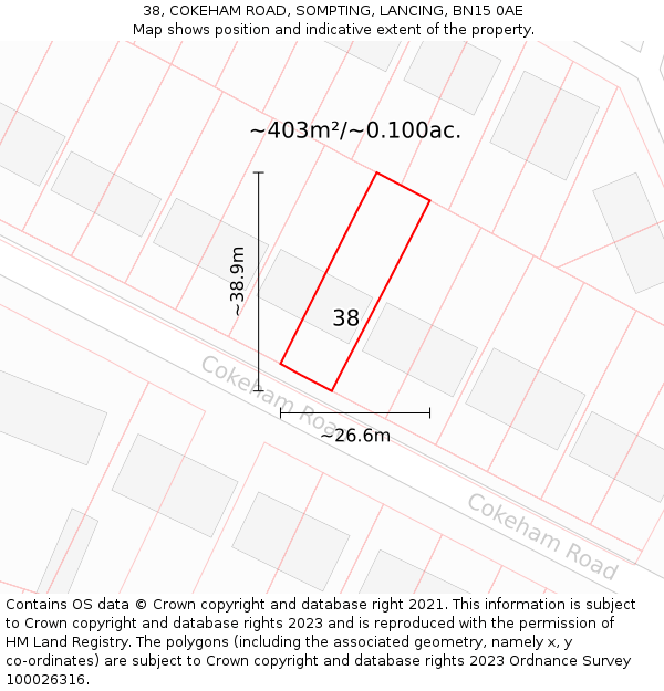 38, COKEHAM ROAD, SOMPTING, LANCING, BN15 0AE: Plot and title map
