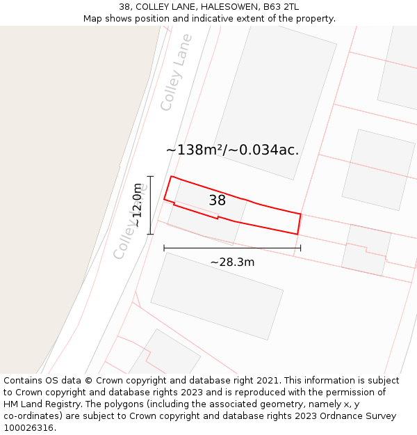 38, COLLEY LANE, HALESOWEN, B63 2TL: Plot and title map