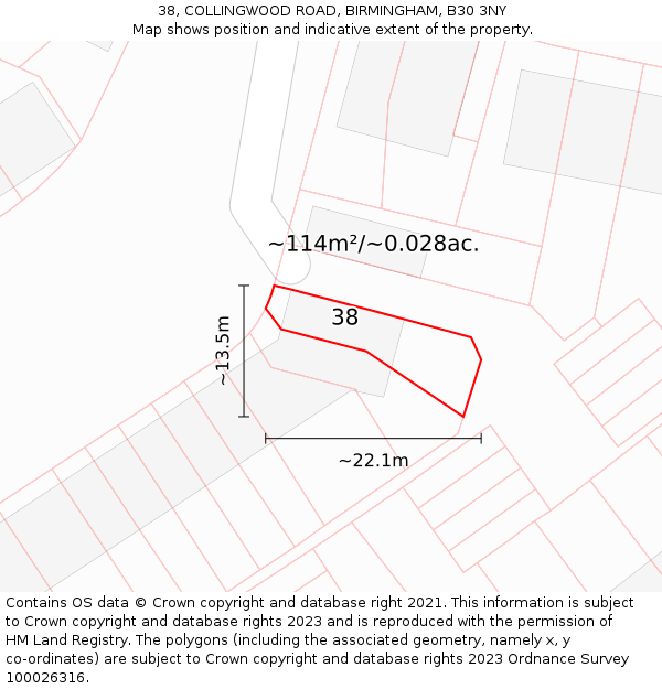 38, COLLINGWOOD ROAD, BIRMINGHAM, B30 3NY: Plot and title map