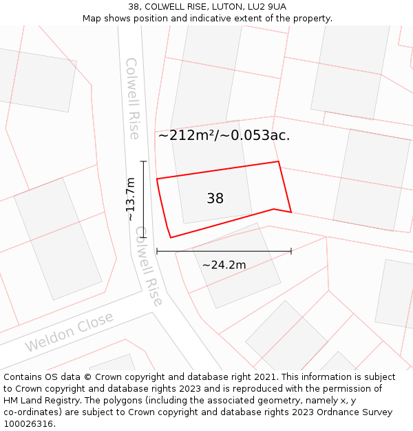 38, COLWELL RISE, LUTON, LU2 9UA: Plot and title map