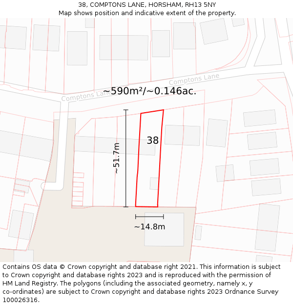 38, COMPTONS LANE, HORSHAM, RH13 5NY: Plot and title map