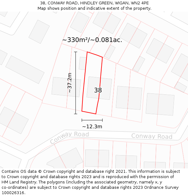 38, CONWAY ROAD, HINDLEY GREEN, WIGAN, WN2 4PE: Plot and title map