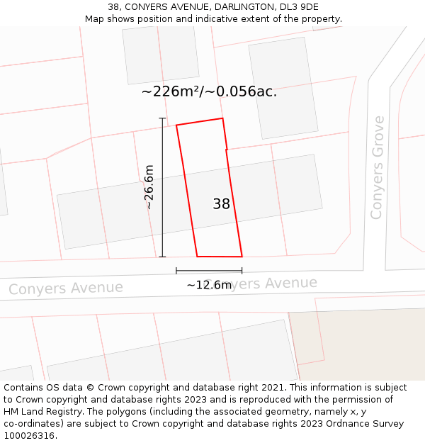 38, CONYERS AVENUE, DARLINGTON, DL3 9DE: Plot and title map