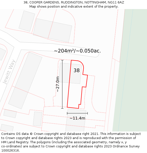 38, COOPER GARDENS, RUDDINGTON, NOTTINGHAM, NG11 6AZ: Plot and title map