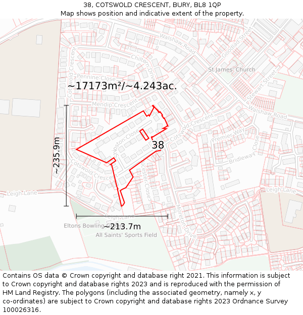 38, COTSWOLD CRESCENT, BURY, BL8 1QP: Plot and title map