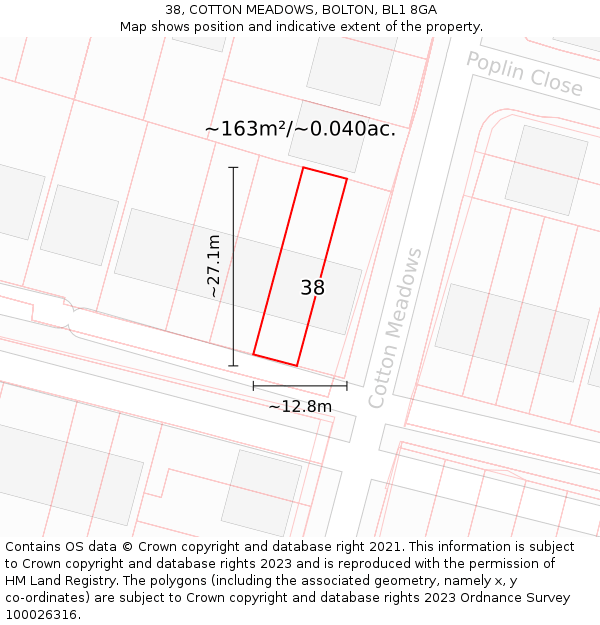 38, COTTON MEADOWS, BOLTON, BL1 8GA: Plot and title map