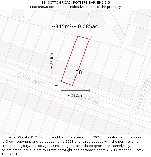 38, COTTON ROAD, POTTERS BAR, EN6 5JG: Plot and title map