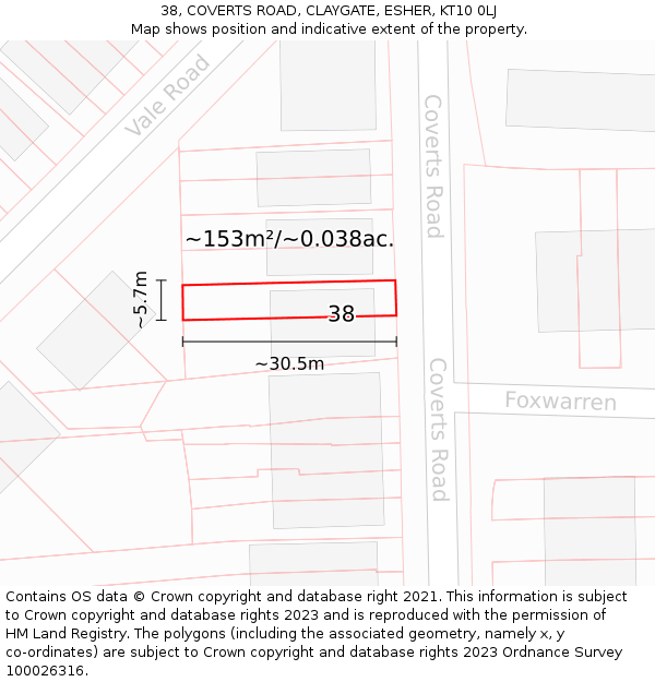 38, COVERTS ROAD, CLAYGATE, ESHER, KT10 0LJ: Plot and title map