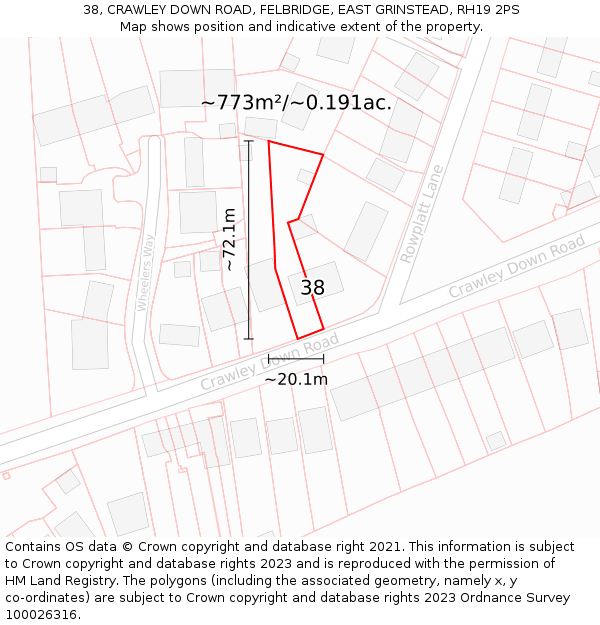38, CRAWLEY DOWN ROAD, FELBRIDGE, EAST GRINSTEAD, RH19 2PS: Plot and title map