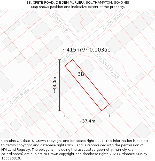 38, CRETE ROAD, DIBDEN PURLIEU, SOUTHAMPTON, SO45 4JS: Plot and title map