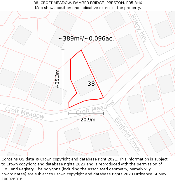 38, CROFT MEADOW, BAMBER BRIDGE, PRESTON, PR5 8HX: Plot and title map