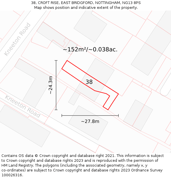 38, CROFT RISE, EAST BRIDGFORD, NOTTINGHAM, NG13 8PS: Plot and title map