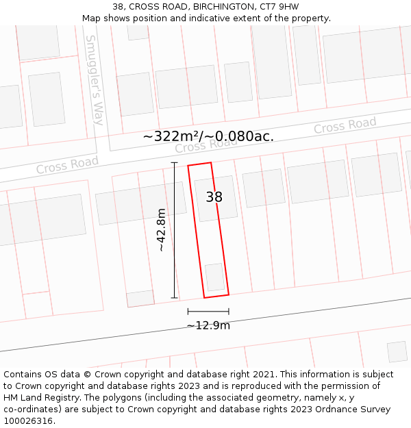 38, CROSS ROAD, BIRCHINGTON, CT7 9HW: Plot and title map