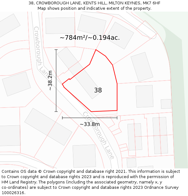 38, CROWBOROUGH LANE, KENTS HILL, MILTON KEYNES, MK7 6HF: Plot and title map