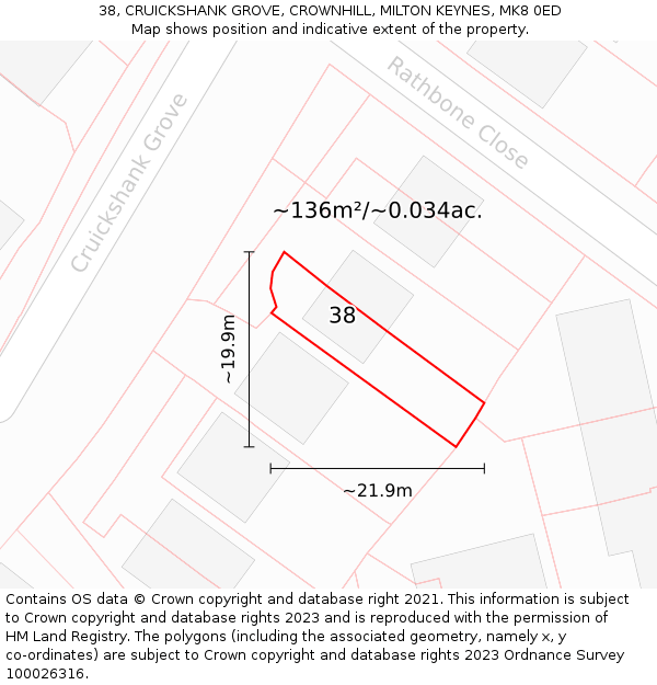 38, CRUICKSHANK GROVE, CROWNHILL, MILTON KEYNES, MK8 0ED: Plot and title map