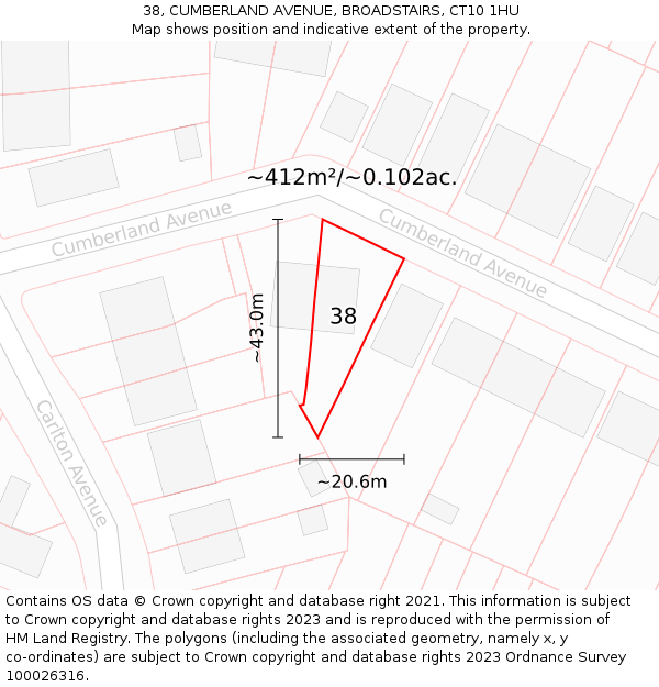 38, CUMBERLAND AVENUE, BROADSTAIRS, CT10 1HU: Plot and title map