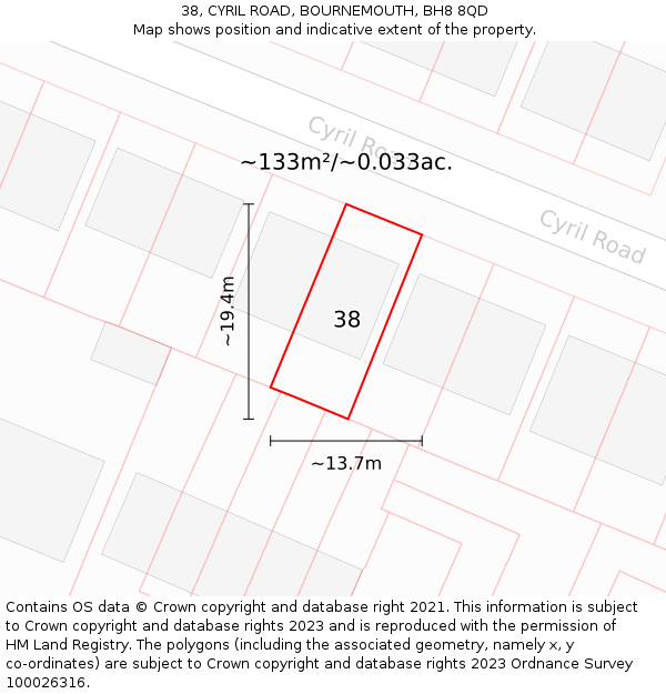 38, CYRIL ROAD, BOURNEMOUTH, BH8 8QD: Plot and title map