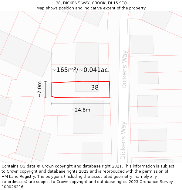 38, DICKENS WAY, CROOK, DL15 9FQ: Plot and title map