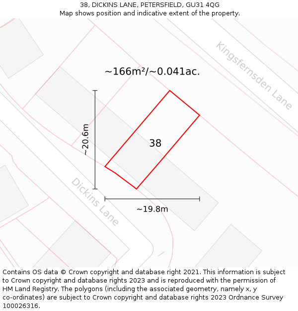 38, DICKINS LANE, PETERSFIELD, GU31 4QG: Plot and title map