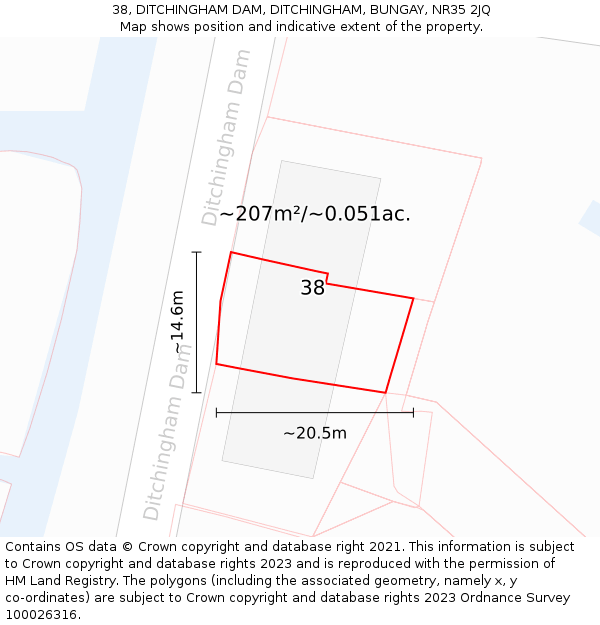 38, DITCHINGHAM DAM, DITCHINGHAM, BUNGAY, NR35 2JQ: Plot and title map