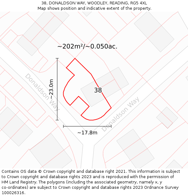 38, DONALDSON WAY, WOODLEY, READING, RG5 4XL: Plot and title map