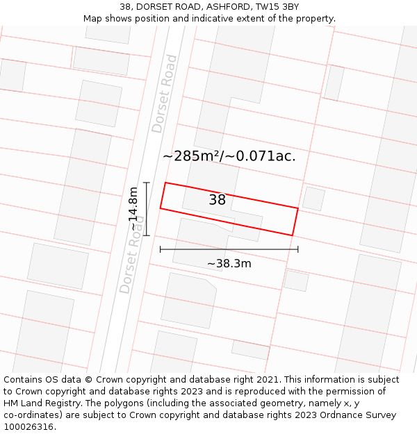 38, DORSET ROAD, ASHFORD, TW15 3BY: Plot and title map