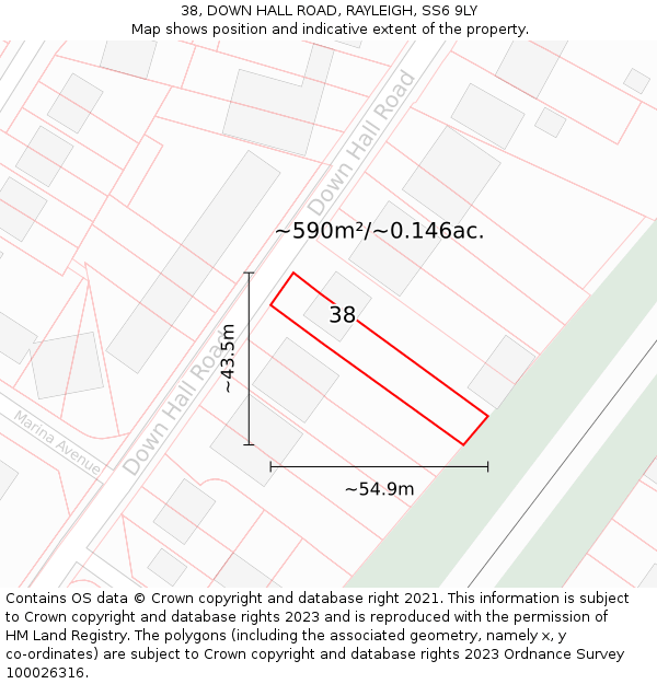 38, DOWN HALL ROAD, RAYLEIGH, SS6 9LY: Plot and title map