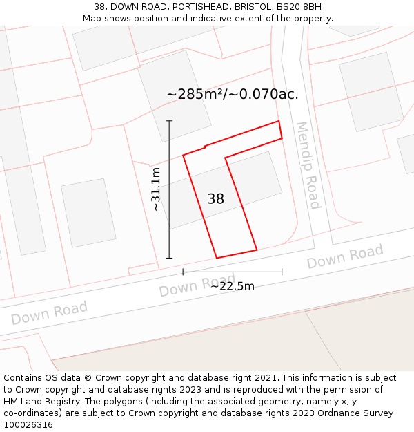 38, DOWN ROAD, PORTISHEAD, BRISTOL, BS20 8BH: Plot and title map