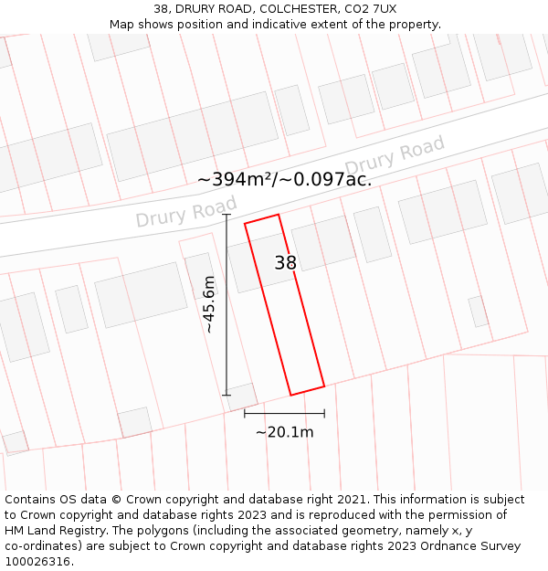 38, DRURY ROAD, COLCHESTER, CO2 7UX: Plot and title map