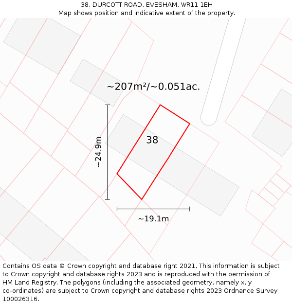 38, DURCOTT ROAD, EVESHAM, WR11 1EH: Plot and title map