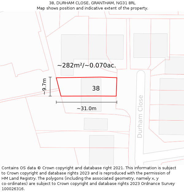 38, DURHAM CLOSE, GRANTHAM, NG31 8RL: Plot and title map