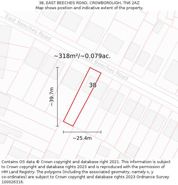 38, EAST BEECHES ROAD, CROWBOROUGH, TN6 2AZ: Plot and title map