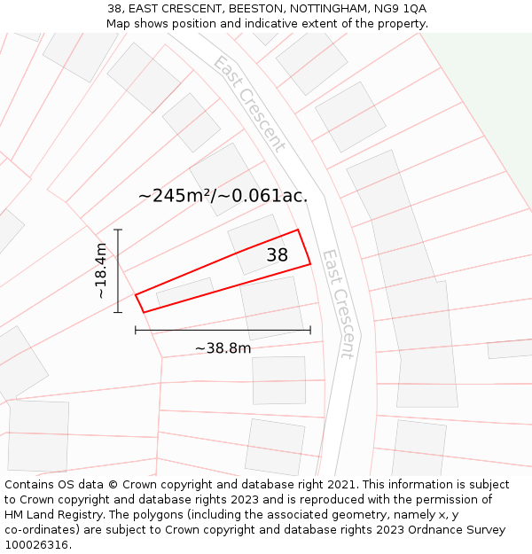 38, EAST CRESCENT, BEESTON, NOTTINGHAM, NG9 1QA: Plot and title map