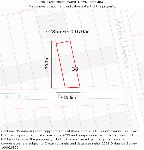 38, EAST DRIVE, CARSHALTON, SM5 4PA: Plot and title map