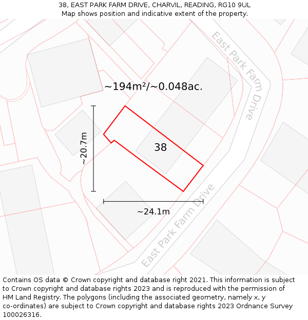 38, EAST PARK FARM DRIVE, CHARVIL, READING, RG10 9UL: Plot and title map