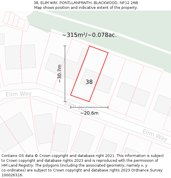 38, ELIM WAY, PONTLLANFRAITH, BLACKWOOD, NP12 2AB: Plot and title map