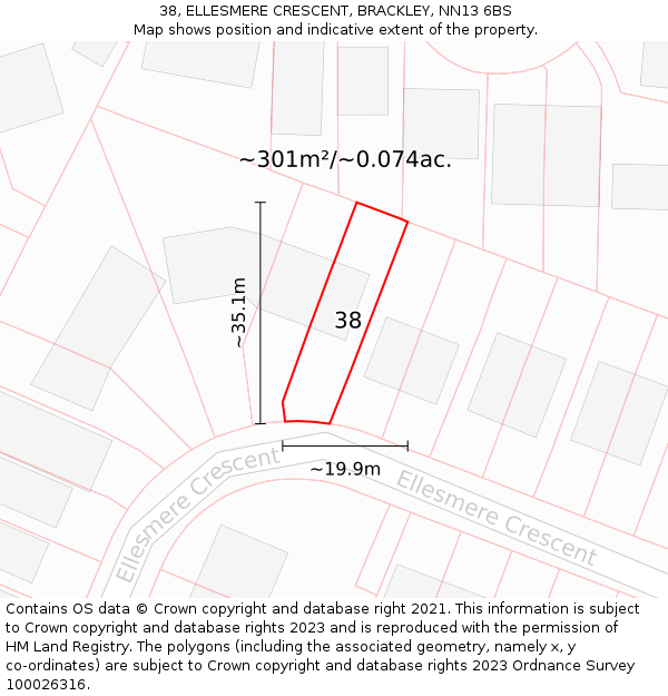 38, ELLESMERE CRESCENT, BRACKLEY, NN13 6BS: Plot and title map