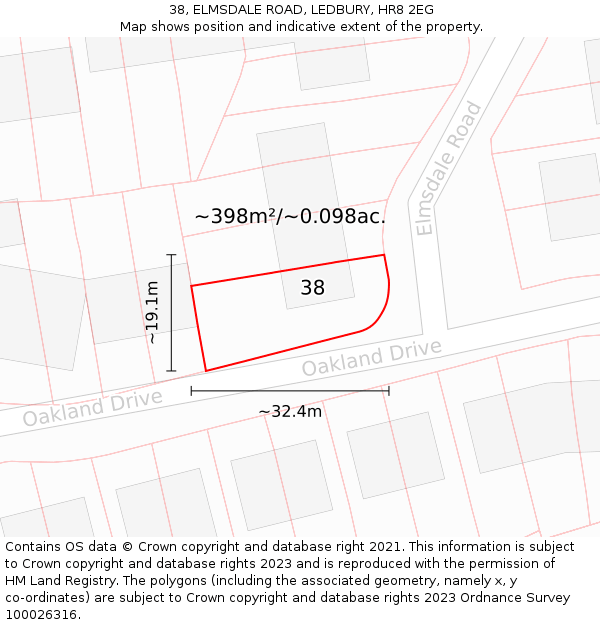 38, ELMSDALE ROAD, LEDBURY, HR8 2EG: Plot and title map