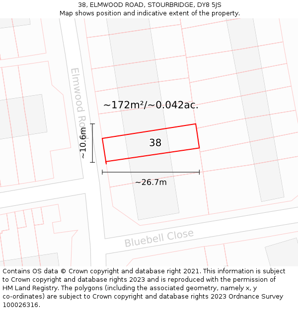 38, ELMWOOD ROAD, STOURBRIDGE, DY8 5JS: Plot and title map